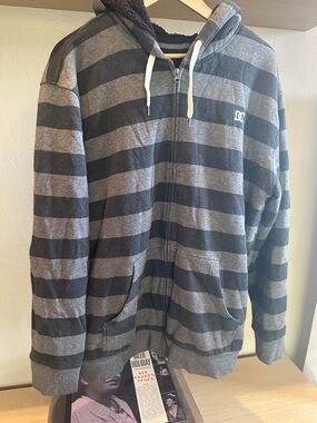 DC Men's Black & Gray Striped Zip-Up Hoodie